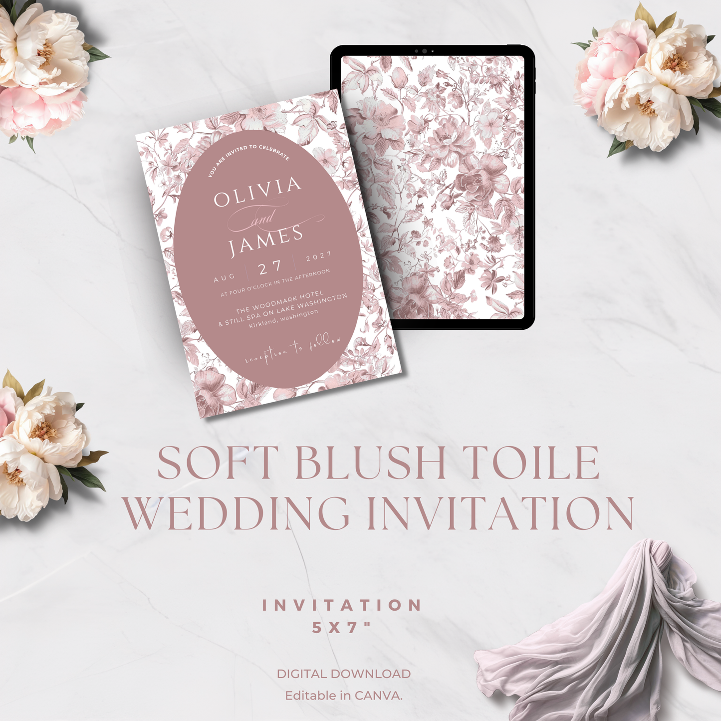 Soft Blush Toile Wedding Invitation | Editable Canva Template