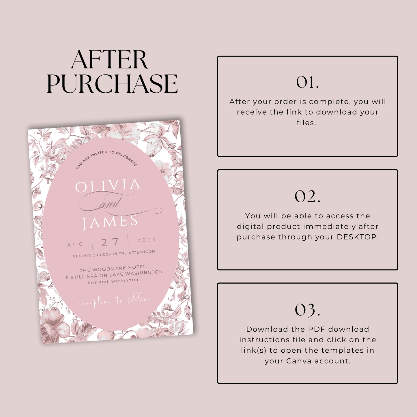 Soft Blush Toile Wedding Invitation | Editable Canva Template