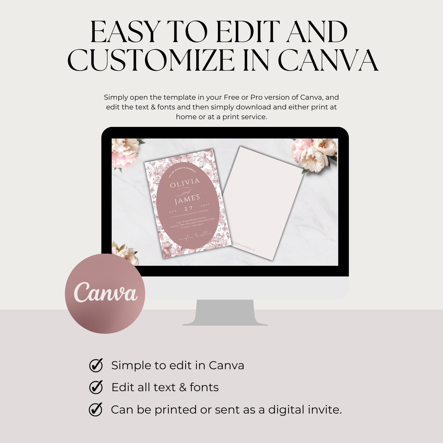 Soft Blush Toile Wedding Invitation | Editable Canva Template