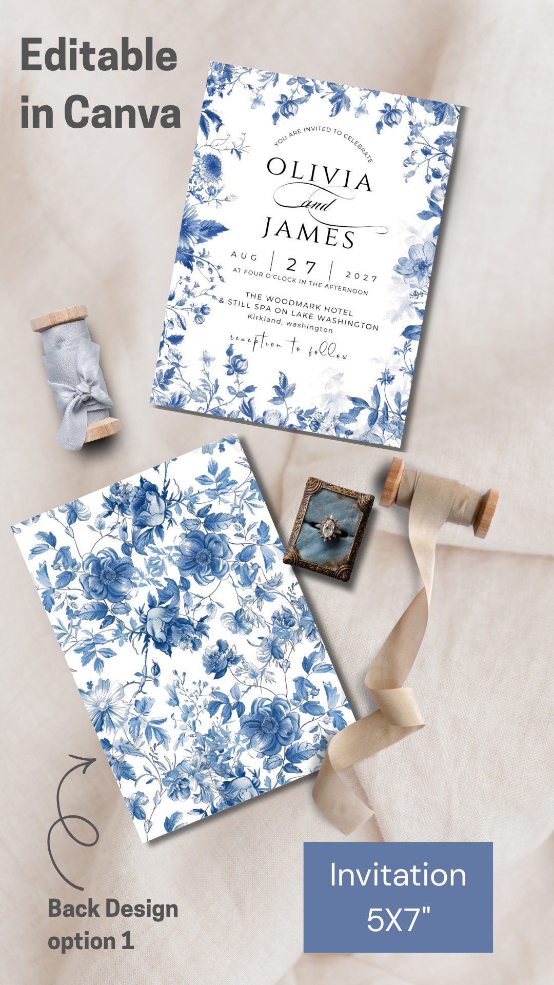 French Blue Wedding Invitation Template | Editable in Canva | Instant Download
