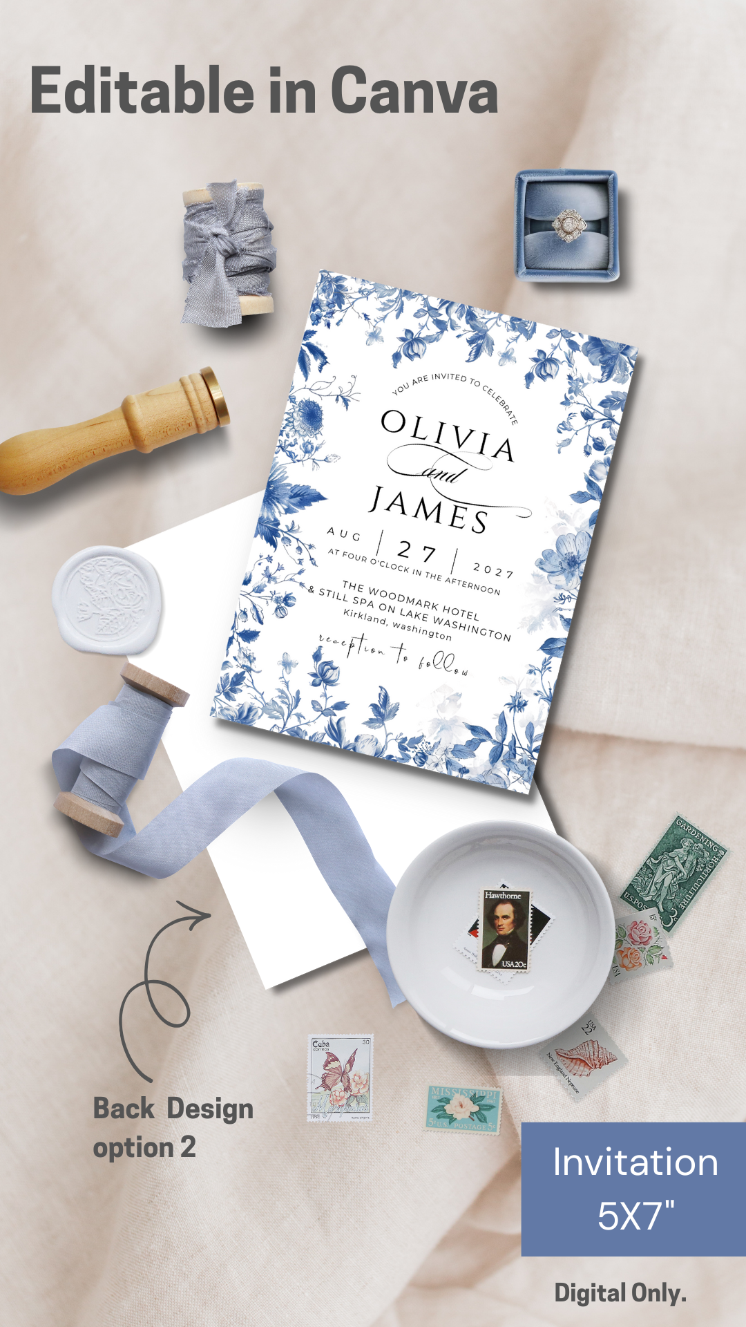 French Blue Wedding Invitation Template | Editable in Canva | Instant Download