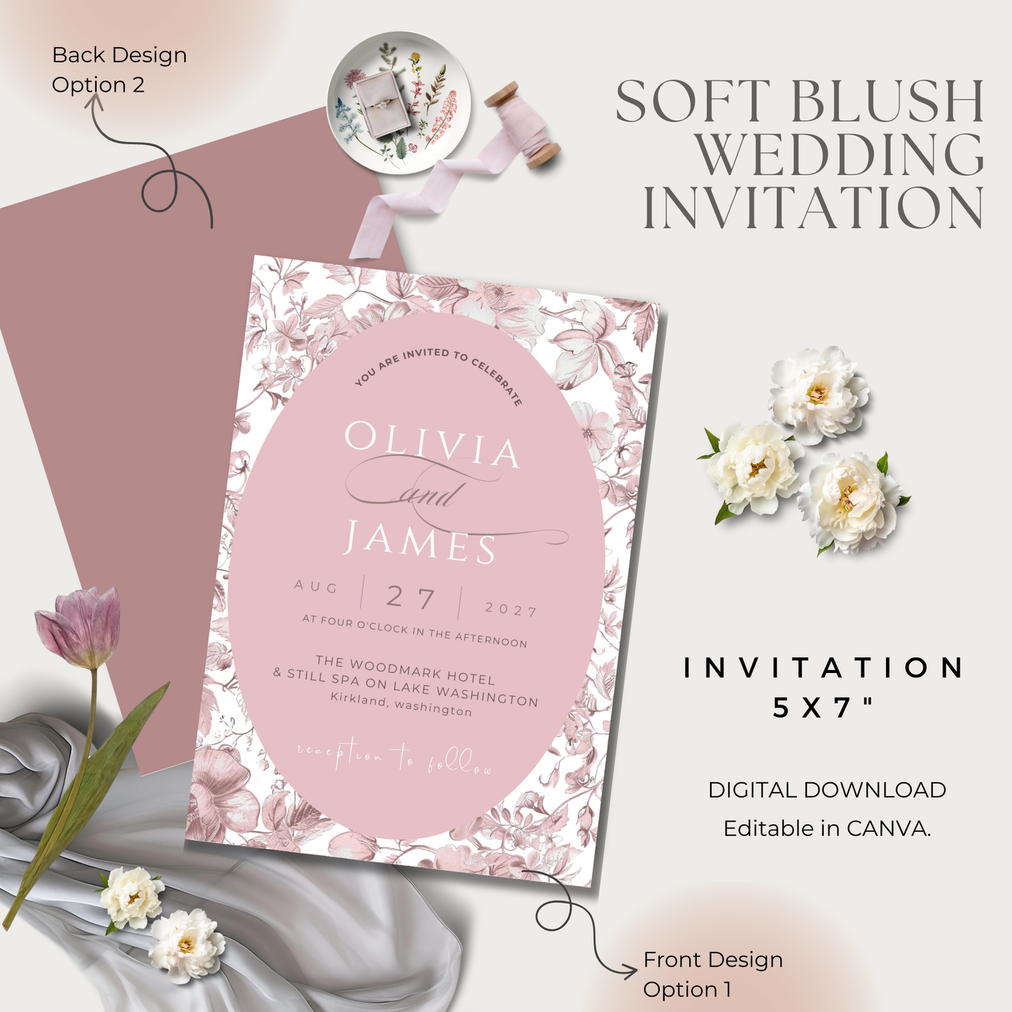 Soft Blush Toile Wedding Invitation | Editable Canva Template