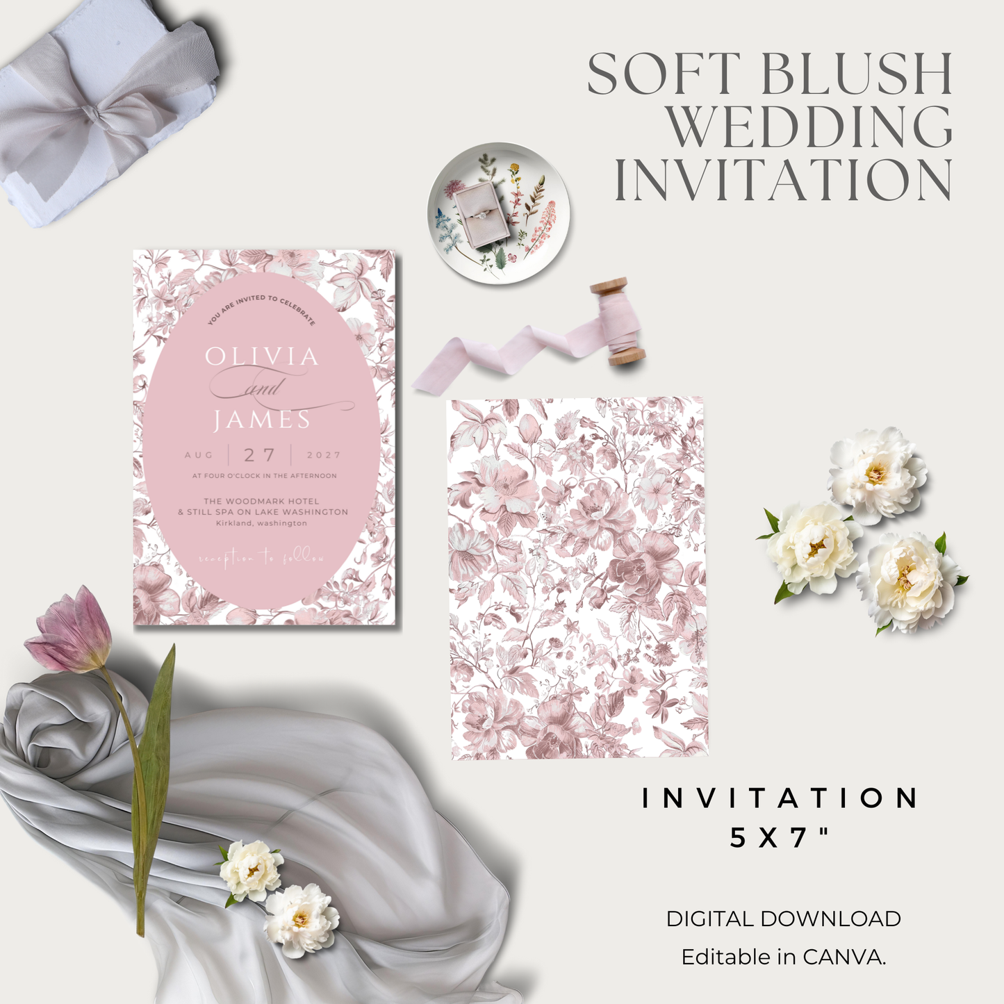 Soft Blush Toile Wedding Invitation | Editable Canva Template