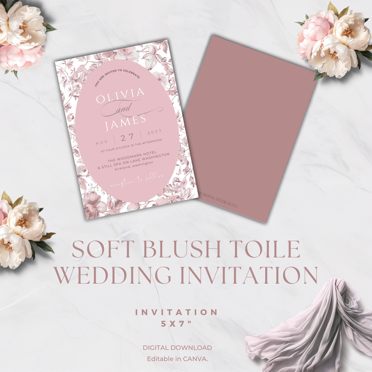 Soft Blush Toile Wedding Invitation | Editable Canva Template