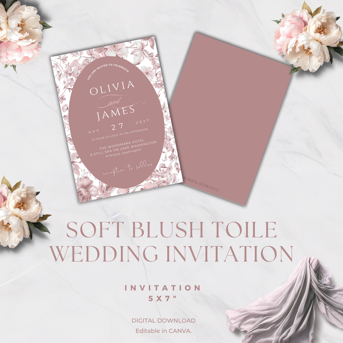 Soft Blush Toile Wedding Invitation | Editable Canva Template