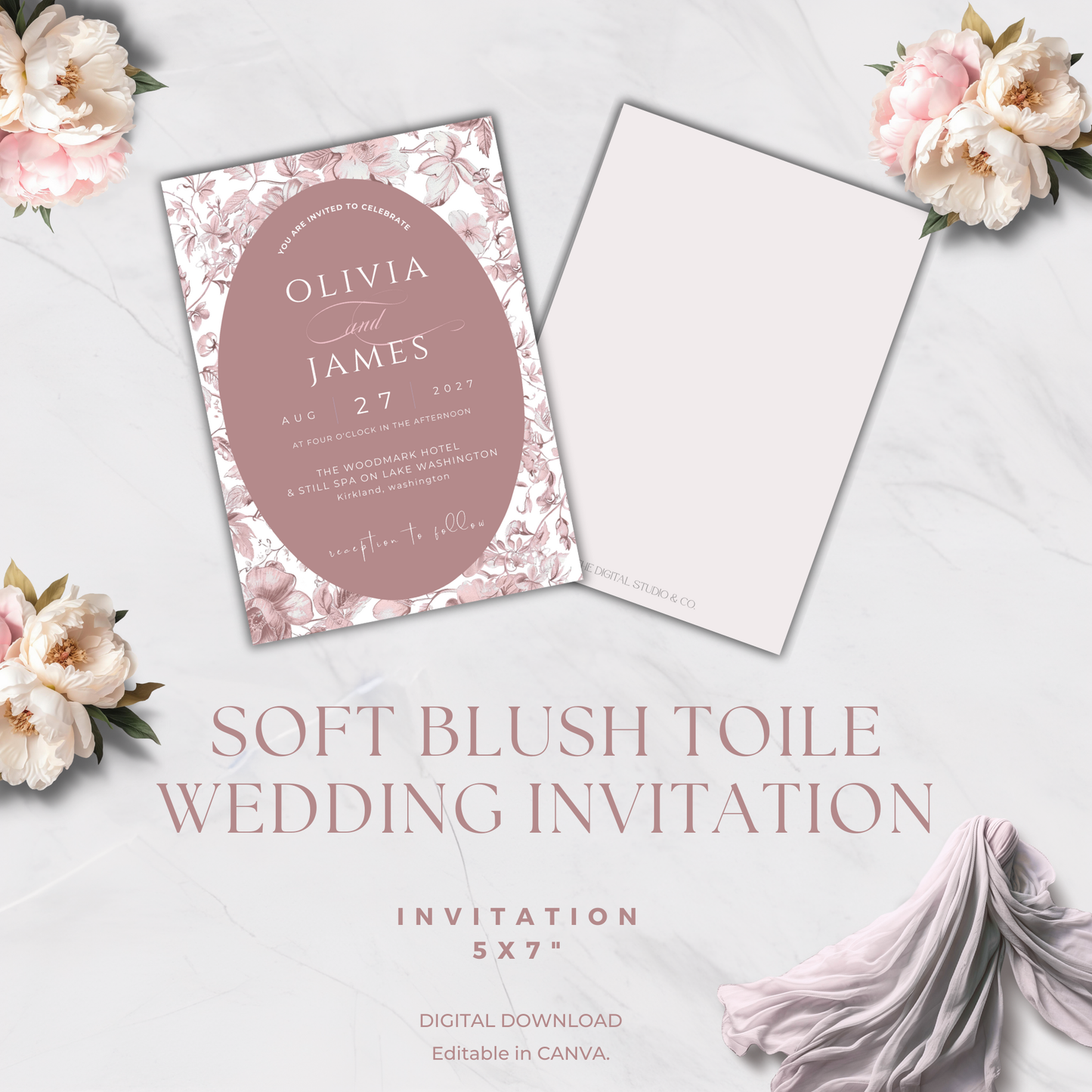Soft Blush Toile Wedding Invitation | Editable Canva Template
