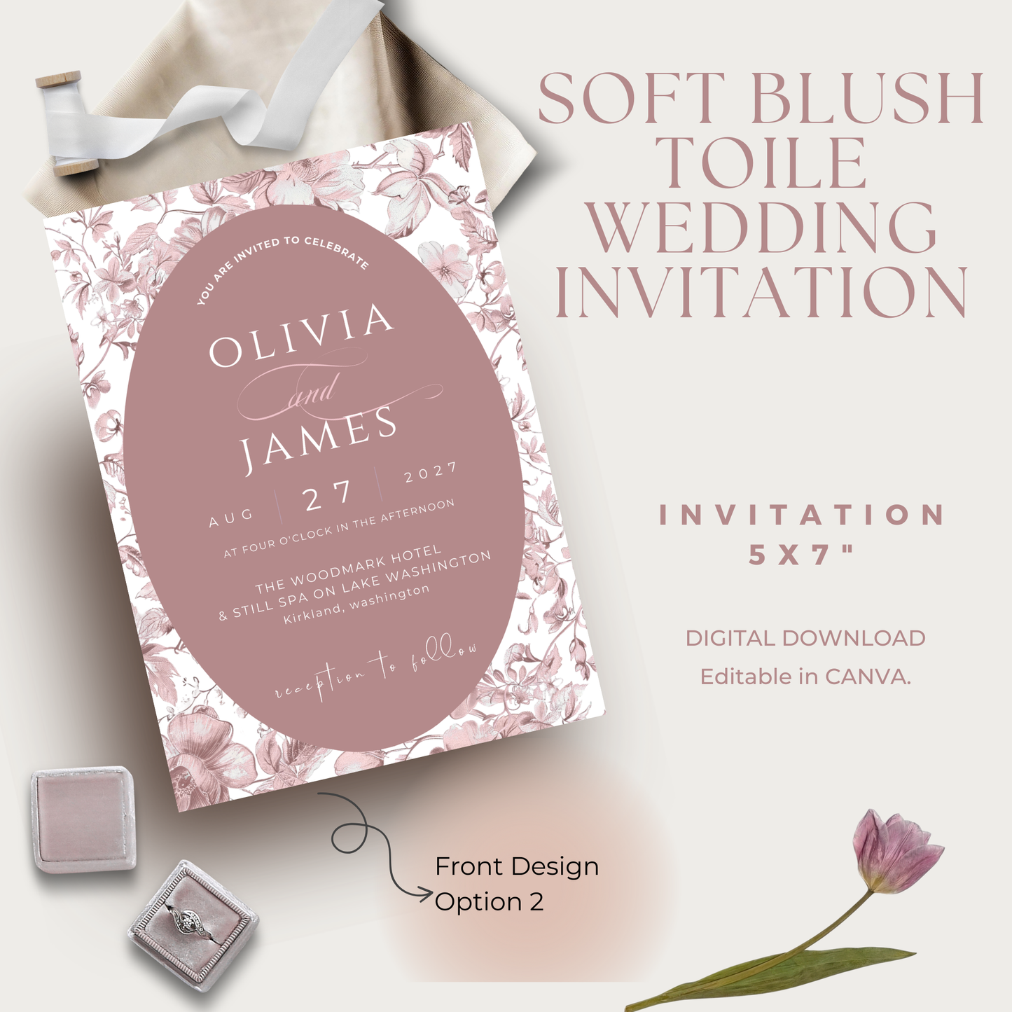 Soft Blush Toile Wedding Invitation | Editable Canva Template